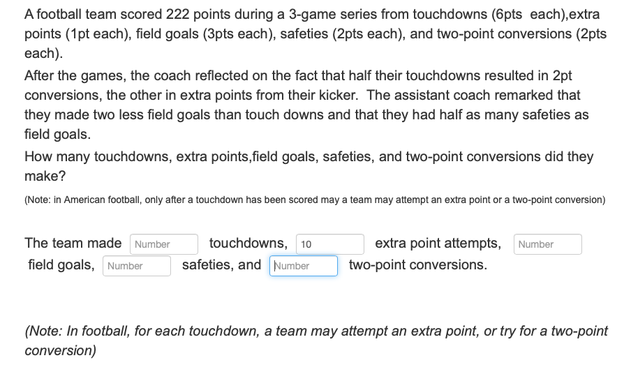Solved A football team scored 222 ﻿points during a 3-game | Chegg.com